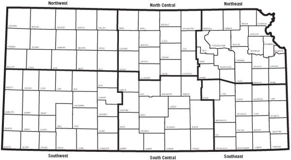 Graphic of the state with regions outlined as described in text below.